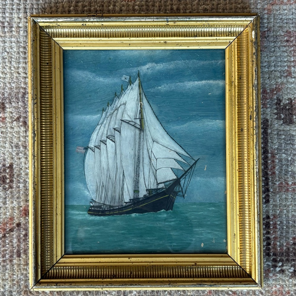 Antique Nautical Ship Painting with Gold Frame